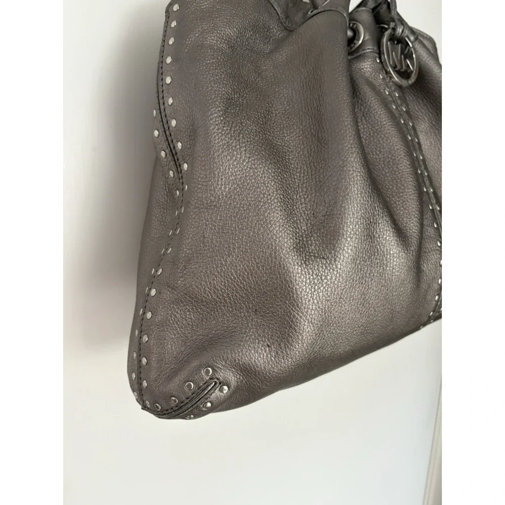 Michael Kors Metallic Pewter Pebbled Leather Studded Double Handle Tote Handbag